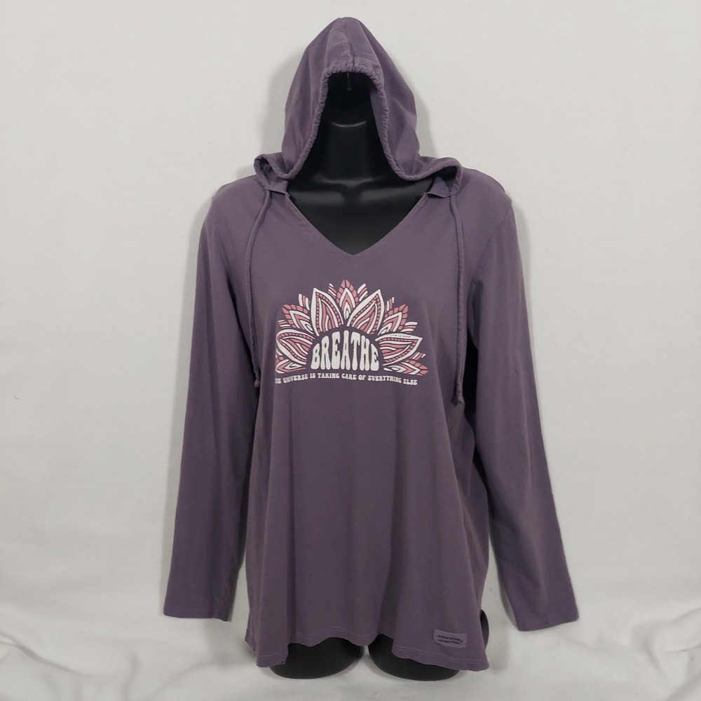 Life is Good Crusher Lite Tee M Purple Hooded T Shirt Breathe Graphic V Neck